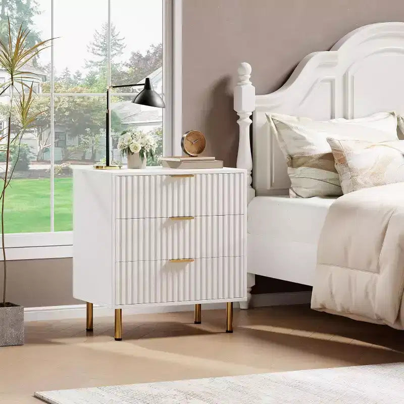3 Drawer Dresser, Modern Fluted Nightstand with Deep Drawers, Gold Legs, Side Table Organizer for Bedroom, Living Room, Hallway