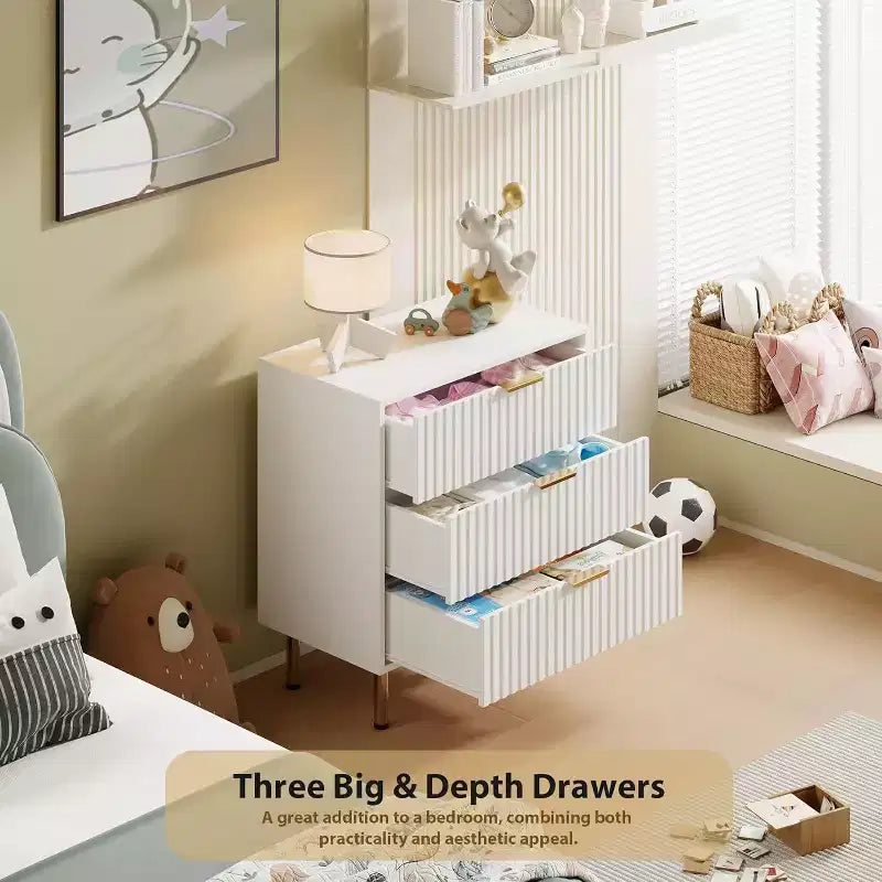 3 Drawer Dresser, Modern Fluted Nightstand with Deep Drawers, Gold Legs, Side Table Organizer for Bedroom, Living Room, Hallway