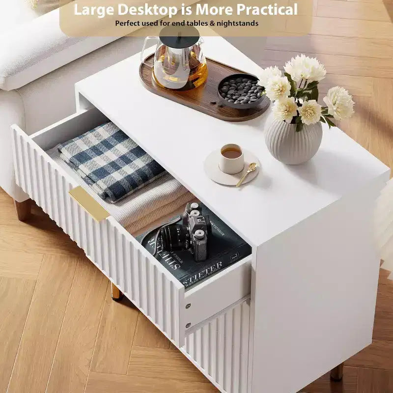 3 Drawer Dresser, Modern Fluted Nightstand with Deep Drawers, Gold Legs, Side Table Organizer for Bedroom, Living Room, Hallway