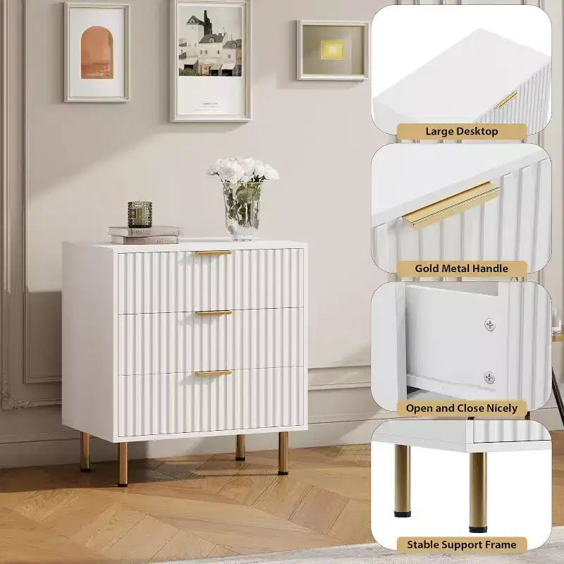 3 Drawer Dresser, Modern Fluted Nightstand with Deep Drawers, Gold Legs, Side Table Organizer for Bedroom, Living Room, Hallway