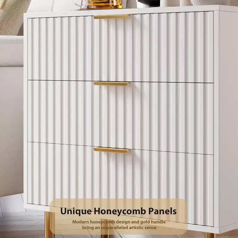 3 Drawer Dresser, Modern Fluted Nightstand with Deep Drawers, Gold Legs, Side Table Organizer for Bedroom, Living Room, Hallway