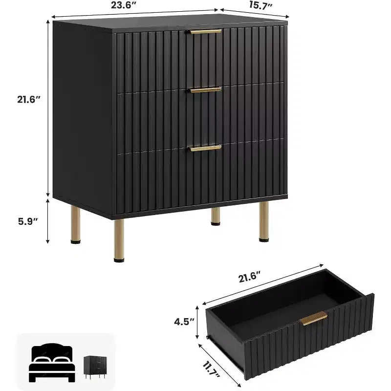 3 Drawer Dresser, Modern Fluted Nightstand with Deep Drawers, Gold Legs, Side Table Organizer for Bedroom, Living Room, Hallway