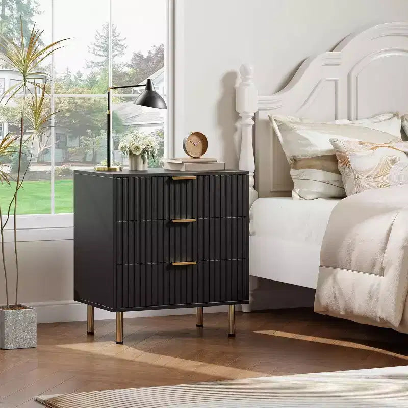 3 Drawer Dresser, Modern Fluted Nightstand with Deep Drawers, Gold Legs, Side Table Organizer for Bedroom, Living Room, Hallway