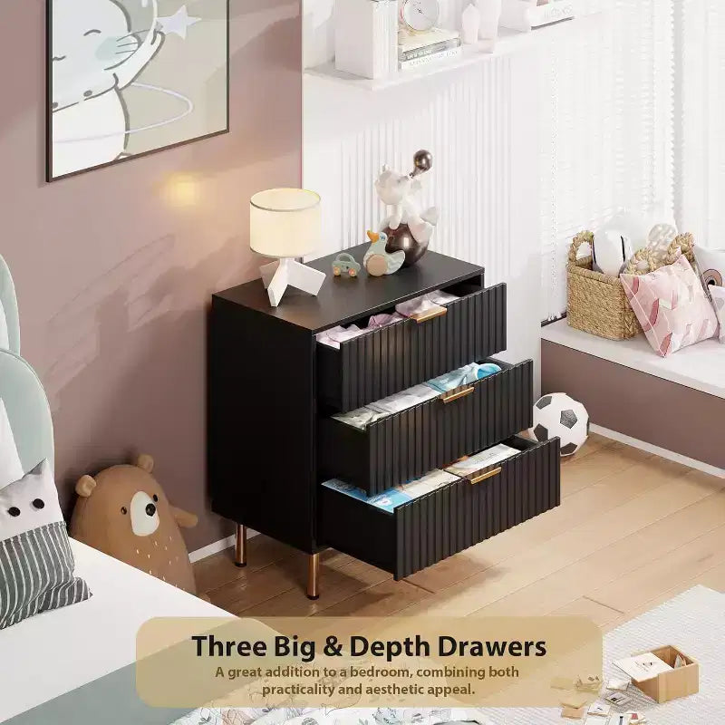 3 Drawer Dresser, Modern Fluted Nightstand with Deep Drawers, Gold Legs, Side Table Organizer for Bedroom, Living Room, Hallway