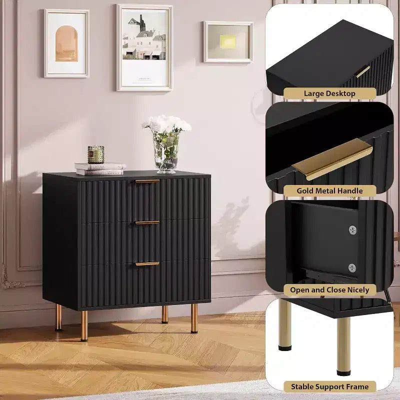 3 Drawer Dresser, Modern Fluted Nightstand with Deep Drawers, Gold Legs, Side Table Organizer for Bedroom, Living Room, Hallway