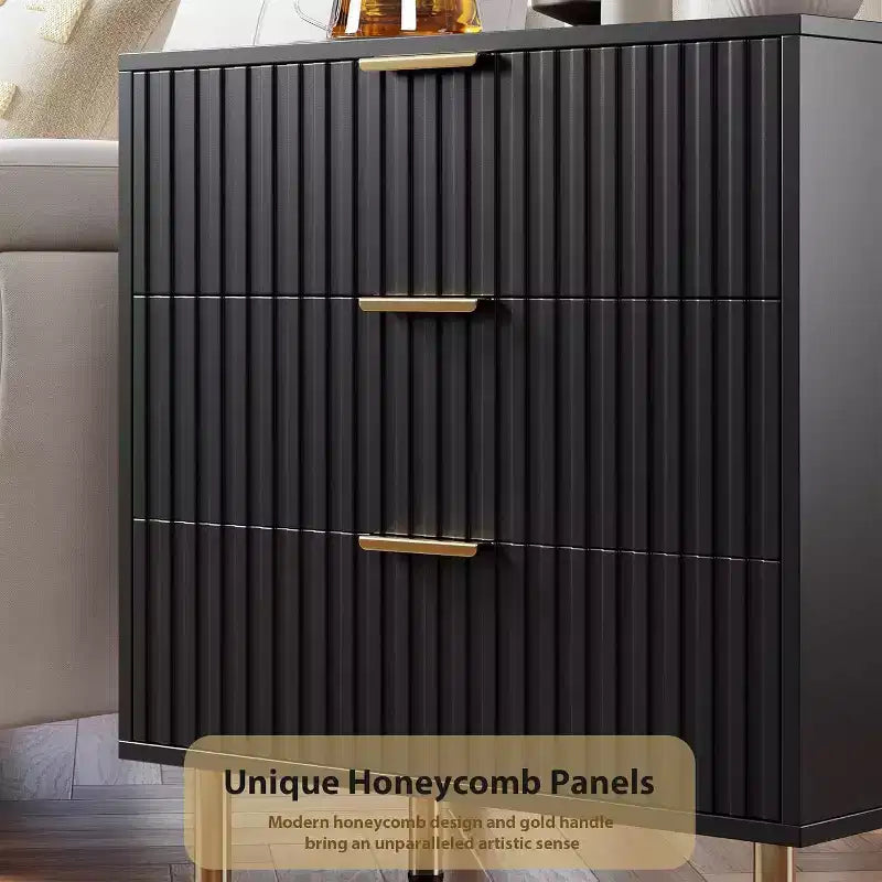 3 Drawer Dresser, Modern Fluted Nightstand with Deep Drawers, Gold Legs, Side Table Organizer for Bedroom, Living Room, Hallway