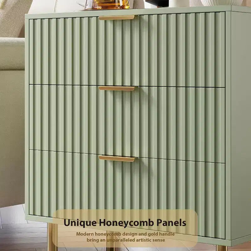 3 Drawer Dresser, Modern Fluted Nightstand with Deep Drawers, Gold Legs, Side Table Organizer for Bedroom, Living Room, Hallway