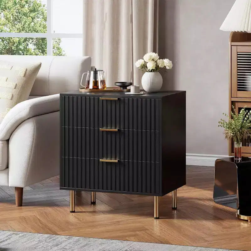 Acekool 3 Drawer Dresser, Modern Fluted Nightstand with Deep Drawers, Gold Legs, Side Table Organizer for Bedroom, Living Room, Hallway