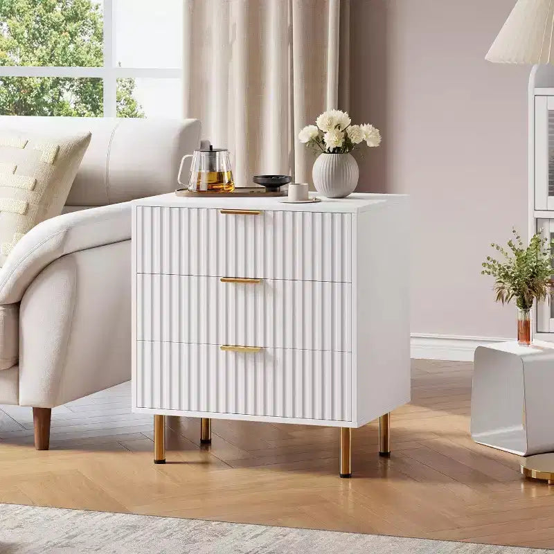 3 Drawer Dresser, Modern Fluted Nightstand with Deep Drawers, Gold Legs, Side Table Organizer for Bedroom, Living Room, Hallway