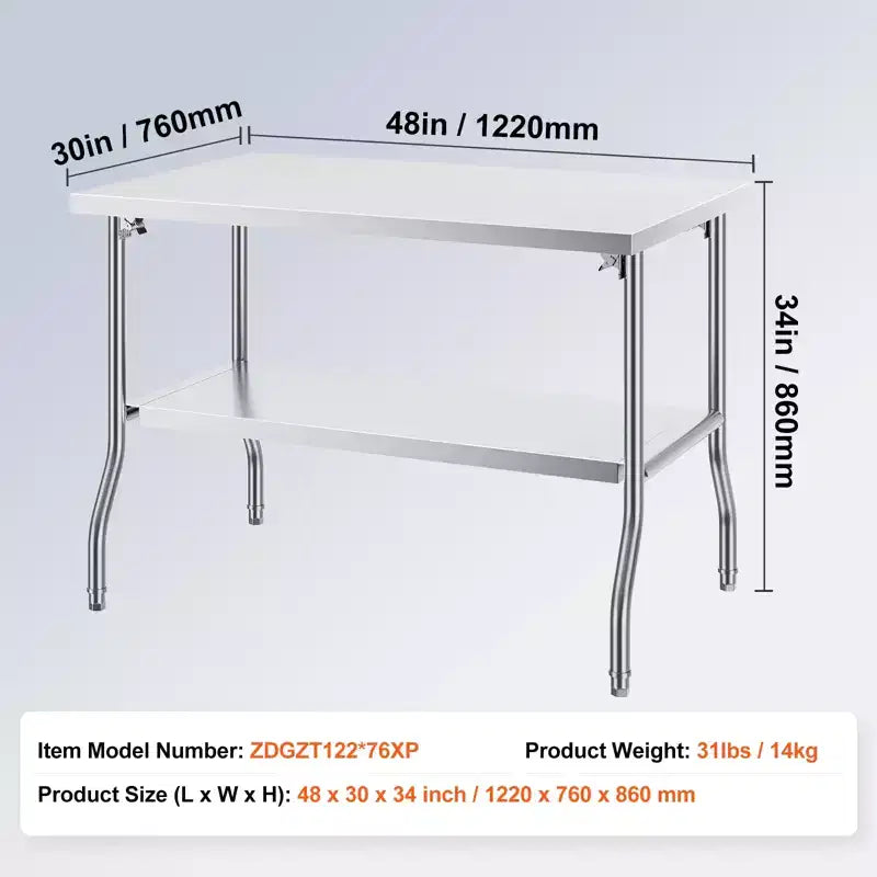 Folding Commercial Prep Table, 48 x 30 Inch Worktable Workstation with Undershelf, Heavy-Duty Stainless Steel Folding Table, Silver