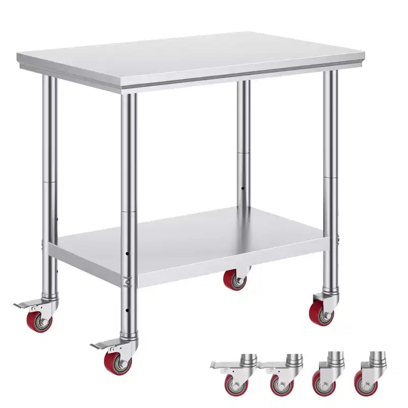 VEVOR Stainless Steel Work Table 35 x 24 x 33 Inch, 700 LBS Load Capacity with 4 Wheels, 3 Adjustable Height Levels, Silver