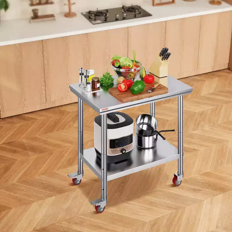 Stainless Steel Work Table 35 x 24 x 33 Inch, 700 LBS Load Capacity with 4 Wheels, 3 Adjustable Height Levels, Silver