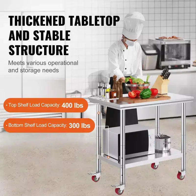 Stainless Steel Work Table 35 x 24 x 33 Inch, 700 LBS Load Capacity with 4 Wheels, 3 Adjustable Height Levels, Silver
