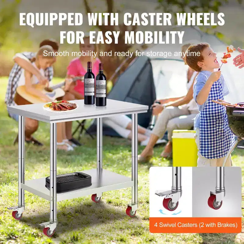 Stainless Steel Work Table 35 x 24 x 33 Inch, 700 LBS Load Capacity with 4 Wheels, 3 Adjustable Height Levels, Silver