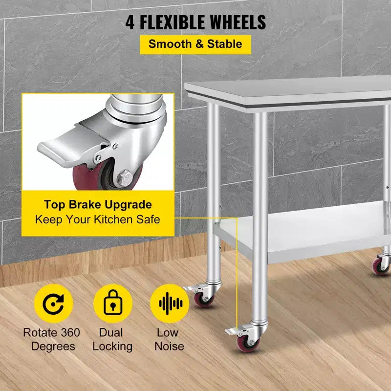 Stainless Steel Work Table 35 x 24 x 33 Inch, 700 LBS Load Capacity with 4 Wheels, 3 Adjustable Height Levels, Silver