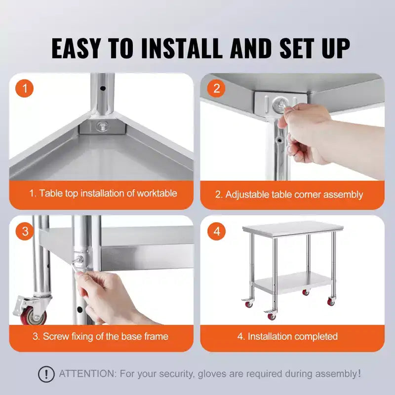 Stainless Steel Work Table 35 x 24 x 33 Inch, 700 LBS Load Capacity with 4 Wheels, 3 Adjustable Height Levels, Silver