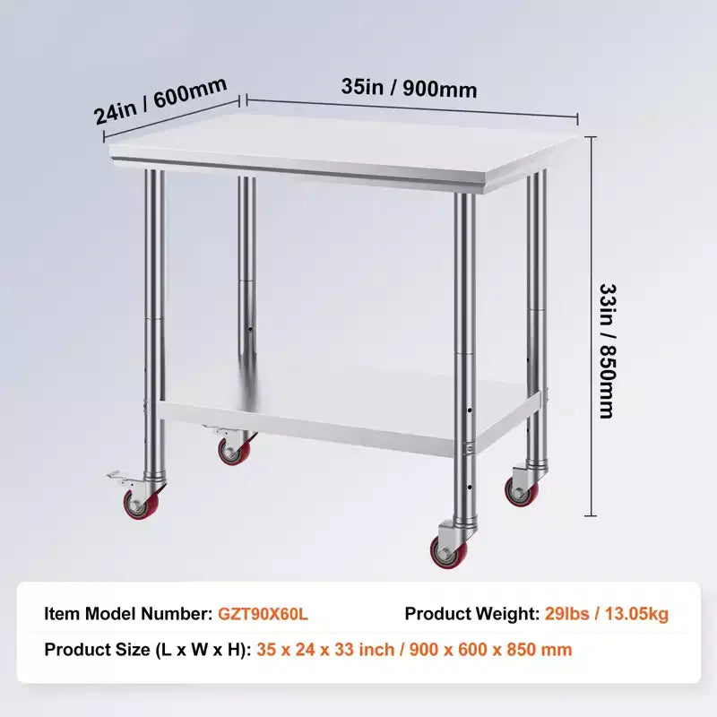 Stainless Steel Work Table 35 x 24 x 33 Inch, 700 LBS Load Capacity with 4 Wheels, 3 Adjustable Height Levels, Silver