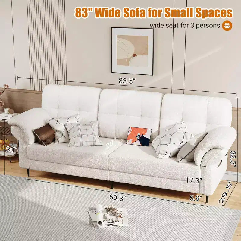 84'' Teddy Velvet Sofa for Living Room with Curved Armrests & Side Pockets