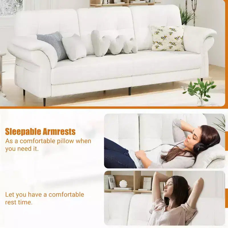 84'' Teddy Velvet Sofa for Living Room with Curved Armrests & Side Pockets
