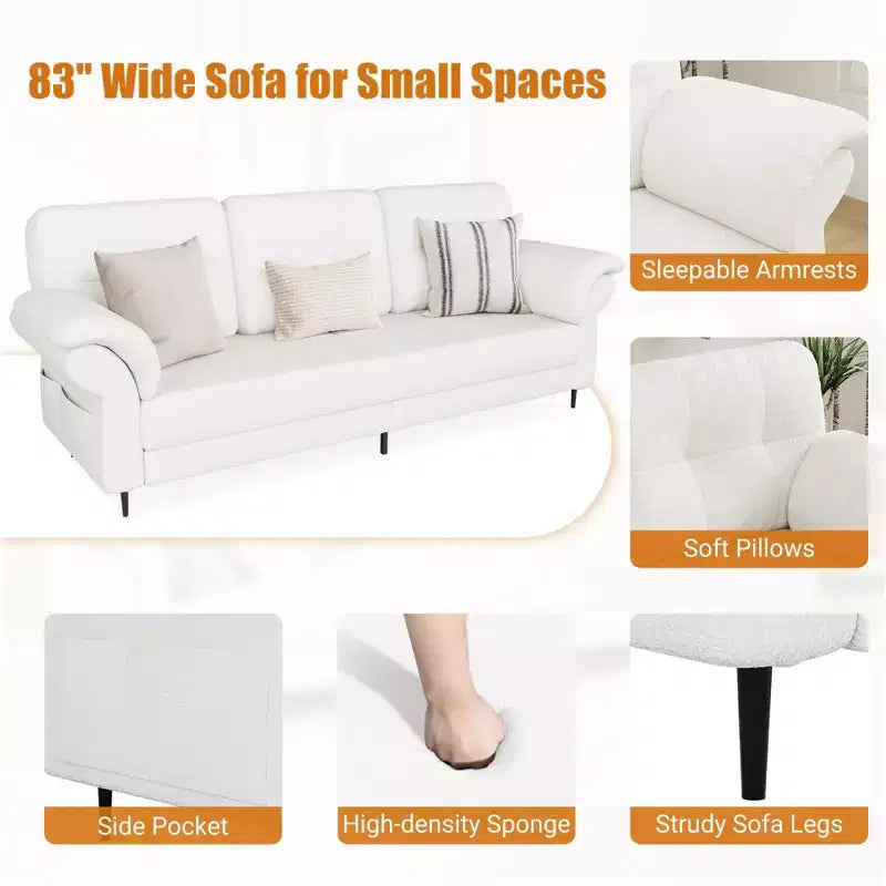 84'' Teddy Velvet Sofa for Living Room with Curved Armrests & Side Pockets