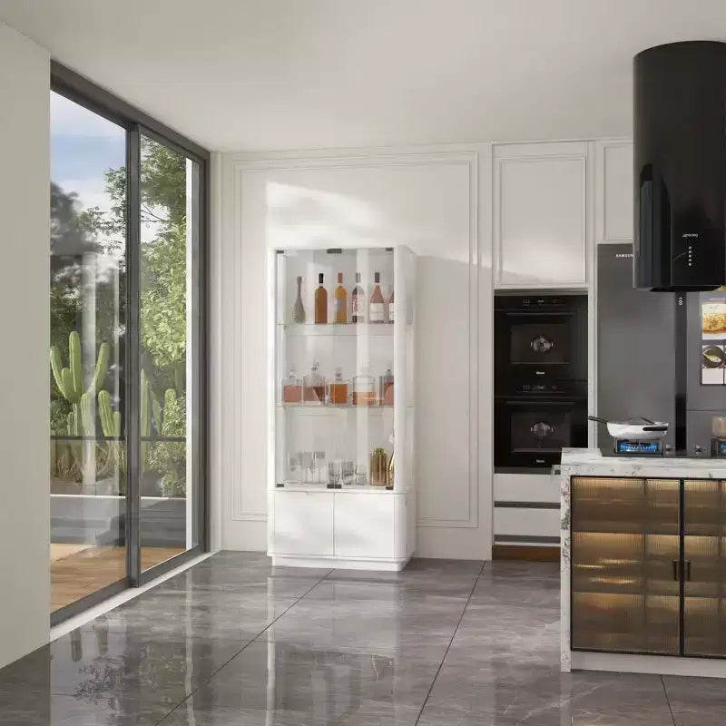 Famapy Modern Glass/Whiskey Wine Rocks,Display Cabinet,Liquor Display Shelf,LED-Lit,Tall Floor-Standing for Home Bar & Living Room