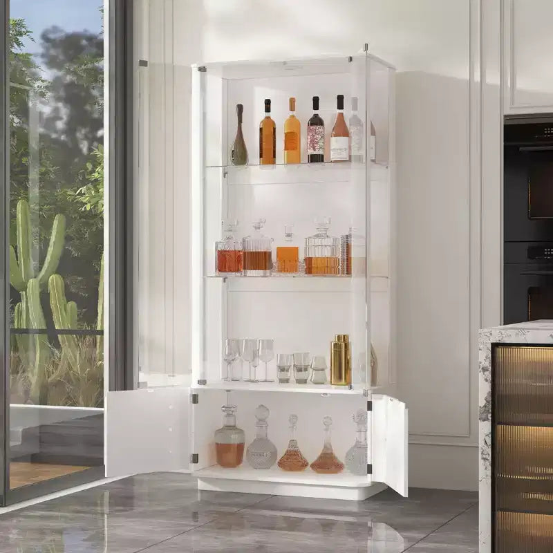 Modern Glass Wine & Liquor Display Cabinet with LED Lighting, Tall Floor-Standing for Home Bar & Living Room