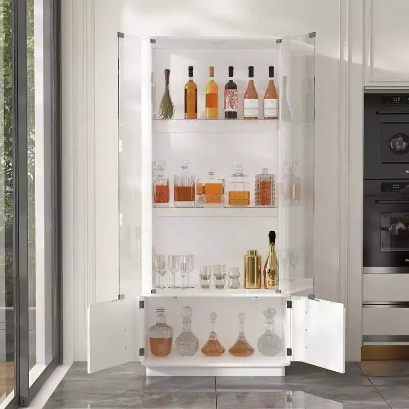 Modern Glass Wine & Liquor Display Cabinet with LED Lighting, Tall Floor-Standing for Home Bar & Living Room