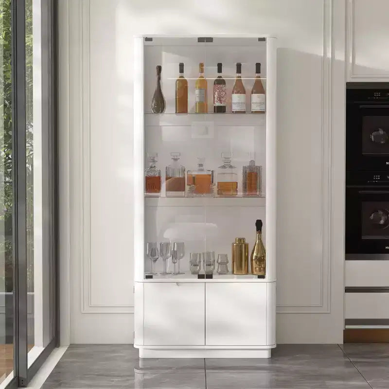 Modern Glass Wine & Liquor Display Cabinet with LED Lighting, Tall Floor-Standing for Home Bar & Living Room