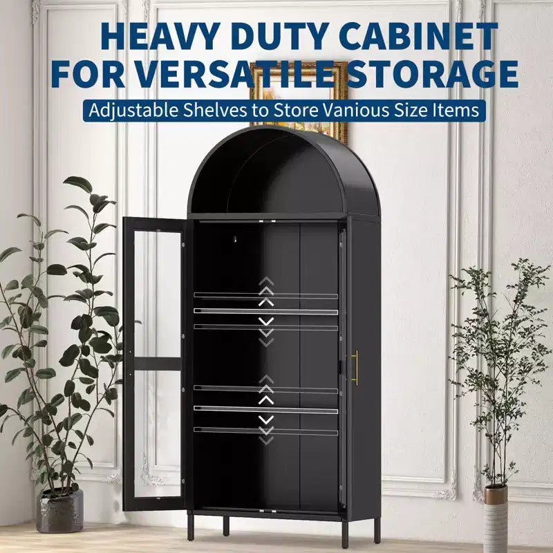 73" Tall Metal Arched Cabinet with Glass Doors & Adjustable Shelves, Kitchen Pantry & Living Room Storage Cupboard