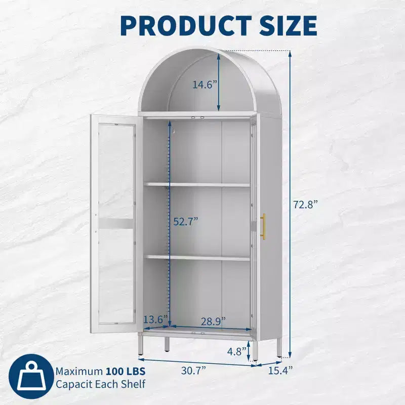 73" Tall Metal Arched Cabinet with Glass Doors & Adjustable Shelves, Kitchen Pantry & Living Room Storage Cupboard
