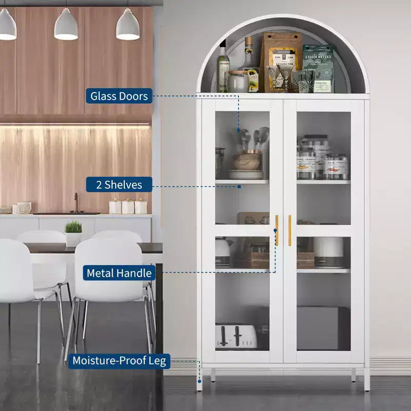 73" Tall Metal Arched Cabinet with Glass Doors & Adjustable Shelves, Kitchen Pantry & Living Room Storage Cupboard