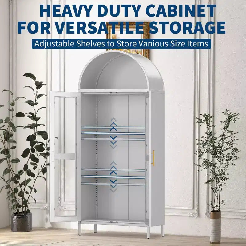 73" Tall Metal Arched Cabinet with Glass Doors & Adjustable Shelves, Kitchen Pantry & Living Room Storage Cupboard