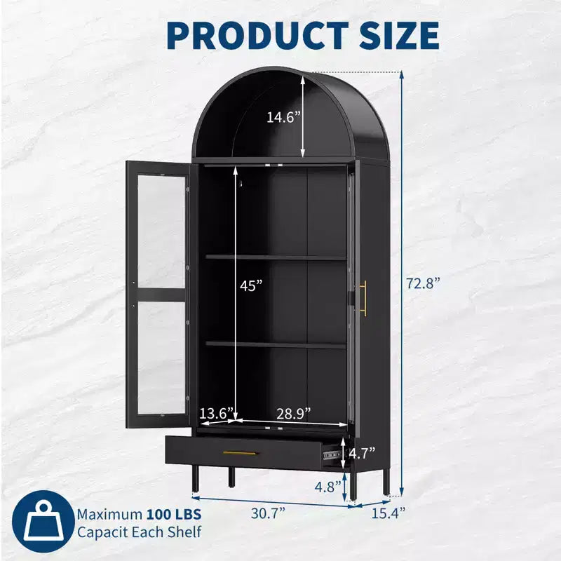 73" Tall Metal Arched Cabinet with Glass Doors & Adjustable Shelves, Kitchen Pantry & Living Room Storage Cupboard