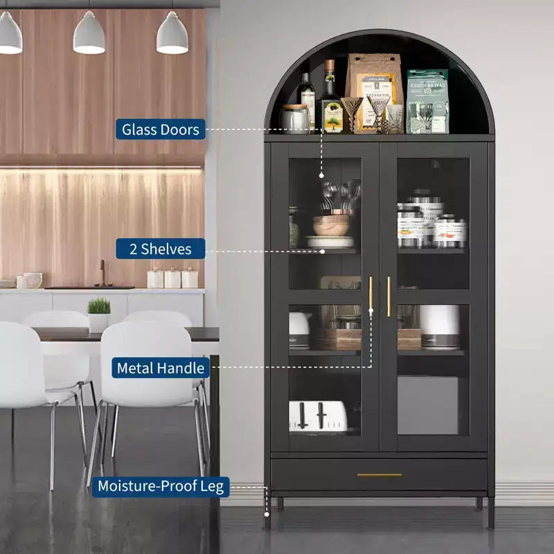 73" Tall Metal Arched Cabinet with Glass Doors & Adjustable Shelves, Kitchen Pantry & Living Room Storage Cupboard