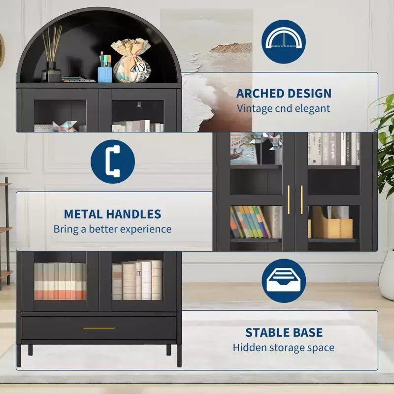 73" Tall Metal Arched Cabinet with Glass Doors & Adjustable Shelves, Kitchen Pantry & Living Room Storage Cupboard