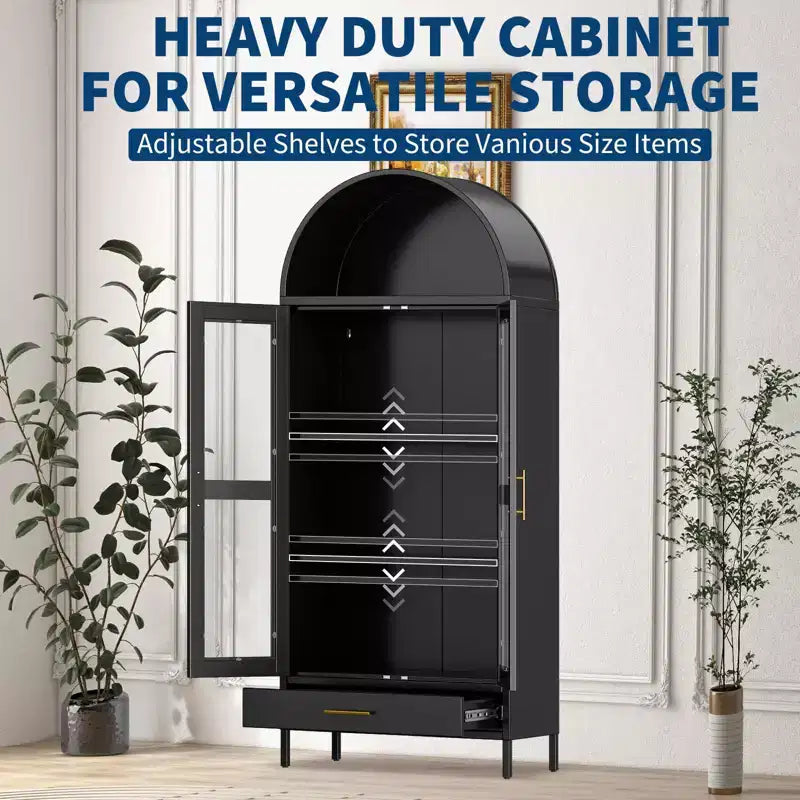 73" Tall Metal Arched Cabinet with Glass Doors & Adjustable Shelves, Kitchen Pantry & Living Room Storage Cupboard