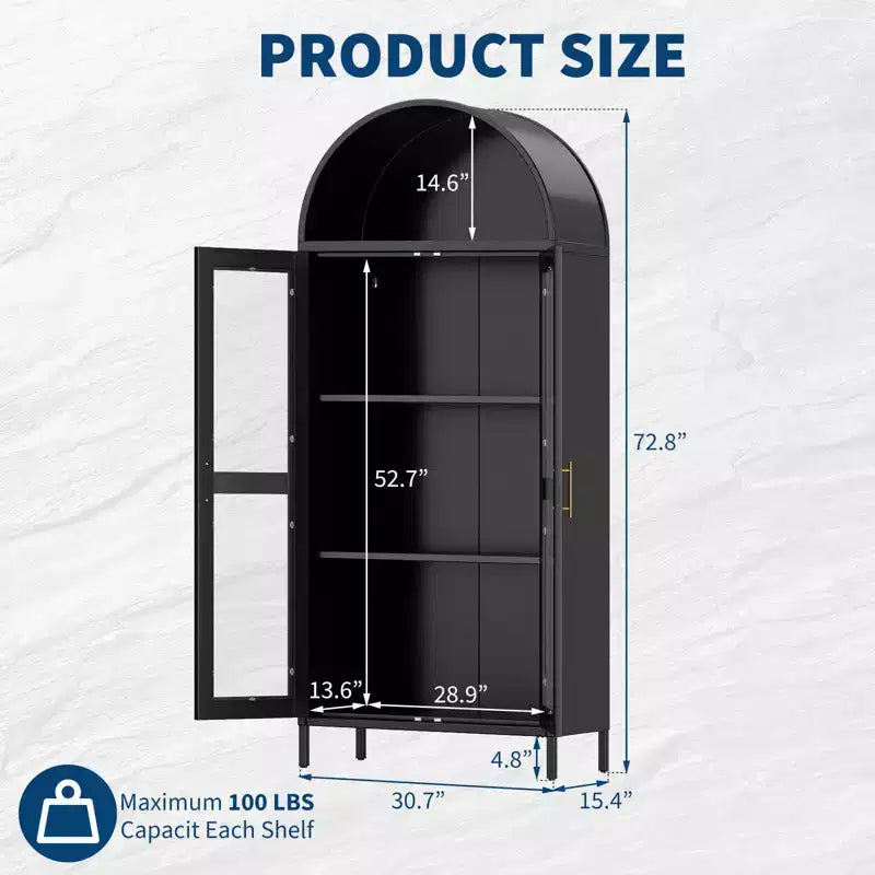 73" Tall Metal Arched Cabinet with Glass Doors & Adjustable Shelves, Kitchen Pantry & Living Room Storage Cupboard