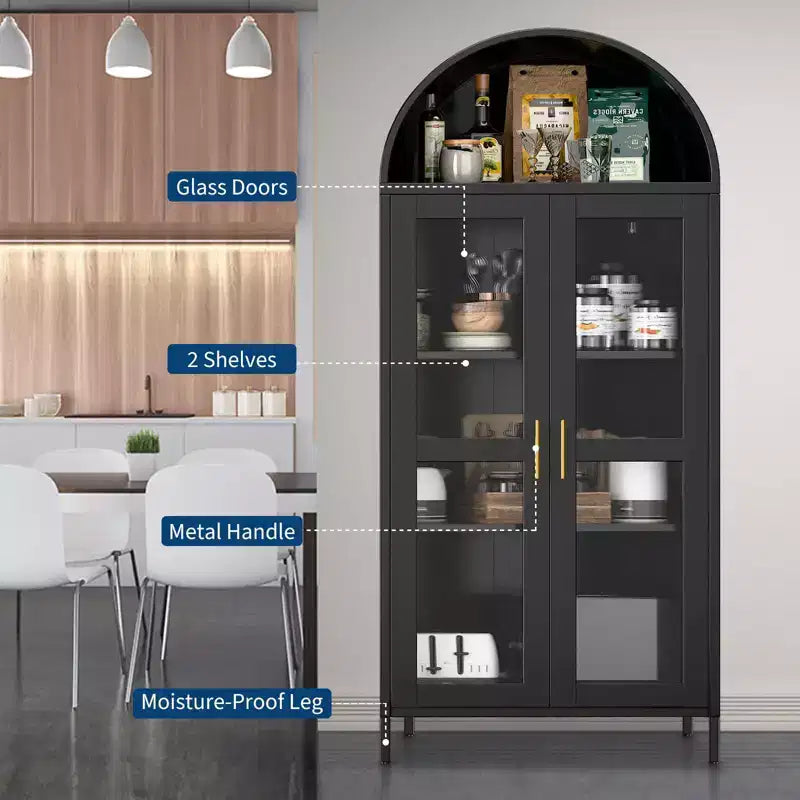 73" Tall Metal Arched Cabinet with Glass Doors & Adjustable Shelves, Kitchen Pantry & Living Room Storage Cupboard