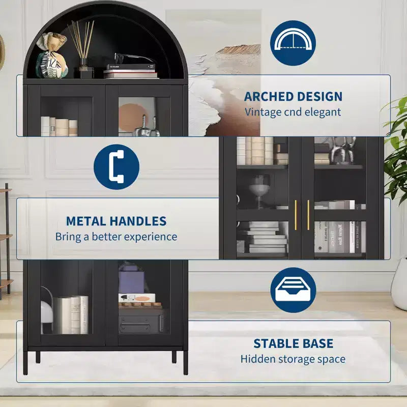 73" Tall Metal Arched Cabinet with Glass Doors & Adjustable Shelves, Kitchen Pantry & Living Room Storage Cupboard