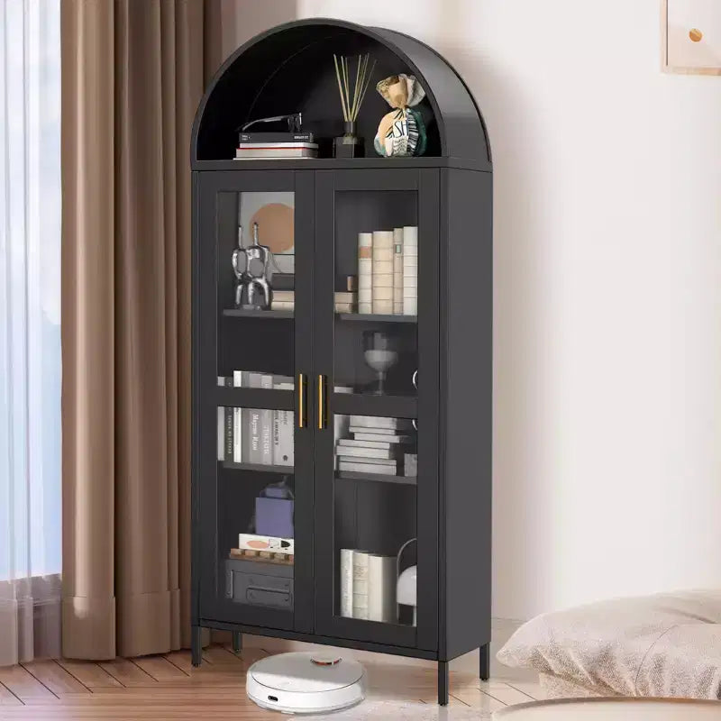 73" Tall Metal Arched Cabinet with Glass Doors & Adjustable Shelves, Kitchen Pantry & Living Room Storage Cupboard