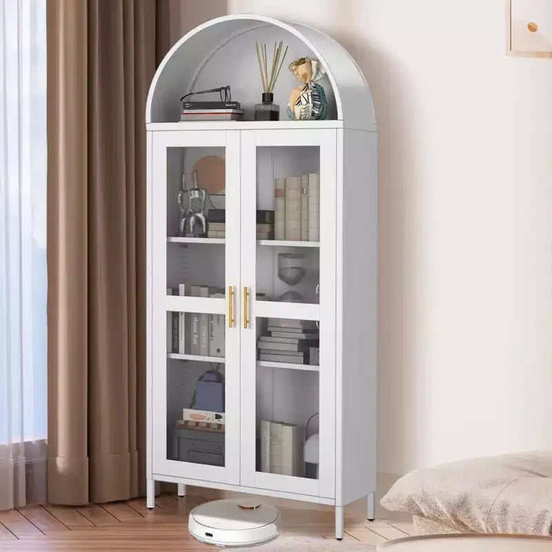 73" Tall Metal Arched Cabinet with Glass Doors & Adjustable Shelves, Kitchen Pantry & Living Room Storage Cupboard