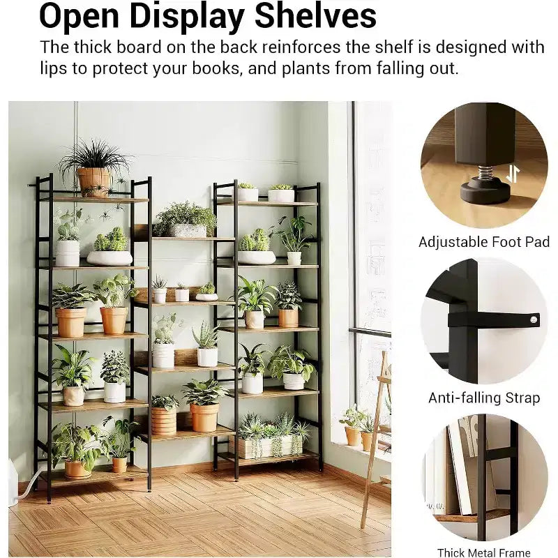 5 Tier Bookshelf, Industrial Wide Bookcase with Open Display Shelves, Rustic Tall Bookshelf for Bedroom Office