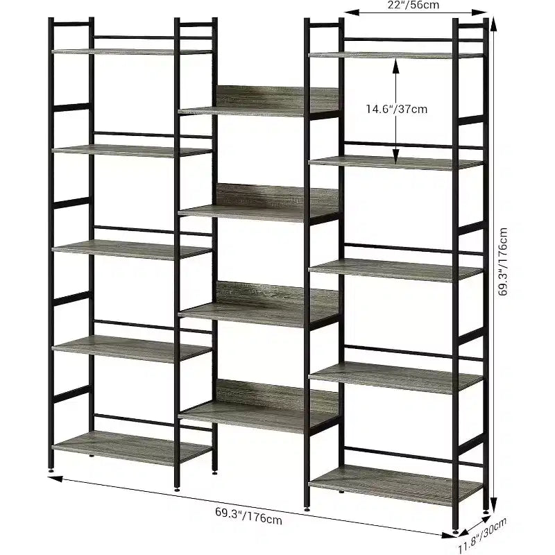 5 Tier Bookshelf, Industrial Wide Bookcase with Open Display Shelves, Rustic Tall Bookshelf for Bedroom Office
