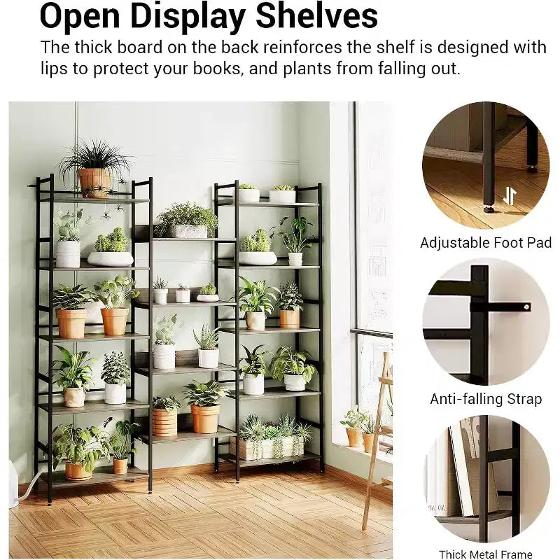 5 Tier Bookshelf, Industrial Wide Bookcase with Open Display Shelves, Rustic Tall Bookshelf for Bedroom Office