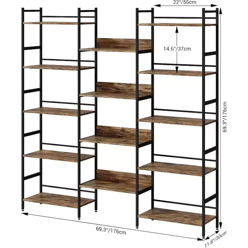 5 Tier Bookshelf, Industrial Wide Bookcase with Open Display Shelves, Rustic Tall Bookshelf for Bedroom Office