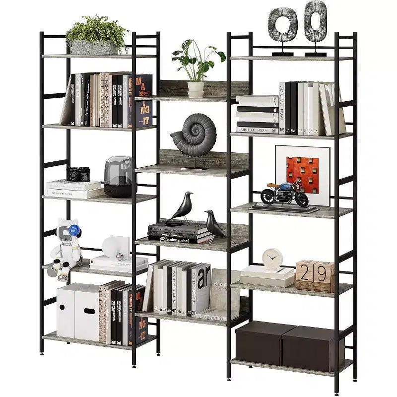 Triple Wide 5 Tier Bookshelf, Industrial Large Bookshelf with 4 Open Display Shelves, Tall Rustic Bookcase for Bedroom Office