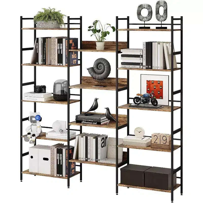5 Tier Bookshelf, Industrial Wide Bookcase with Open Display Shelves, Rustic Tall Bookshelf for Bedroom Office