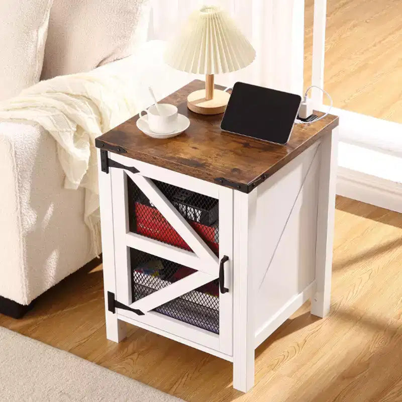 Farmhouse End Table, Rustic Nightstand with Barn Door, 18 Wood Sofa Side Bedside Table with Storage for Bedroom Living Room