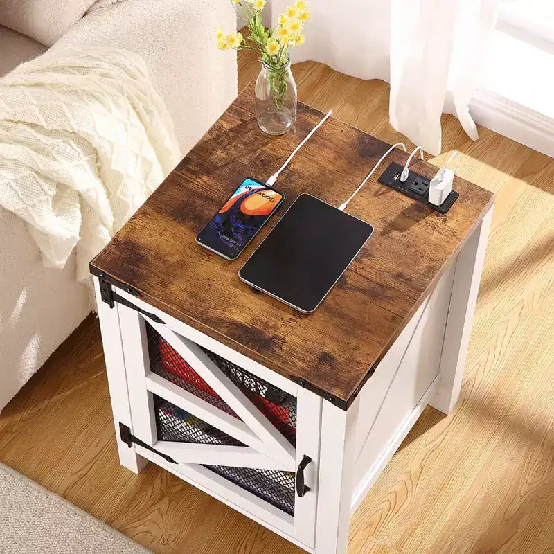 Rustic Nightstand with Sliding Door, 18" Wood Sofa Side Bedside Table with Storage for Bedroom Living Room