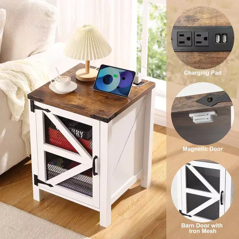 Rustic Nightstand with Sliding Door, 18" Wood Sofa Side Bedside Table with Storage for Bedroom Living Room